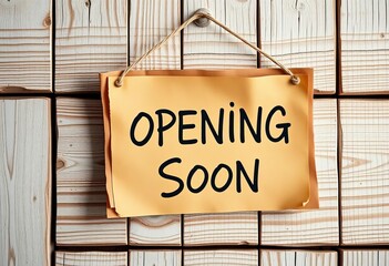 Rustic paper sign on weathered wood, announcing "Opening Soon",  establishment,  information