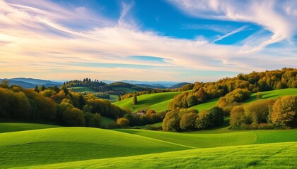 Obraz premium Rolling green hills dotted with lush deciduous trees under a vibrant sky, idyllic, beauty