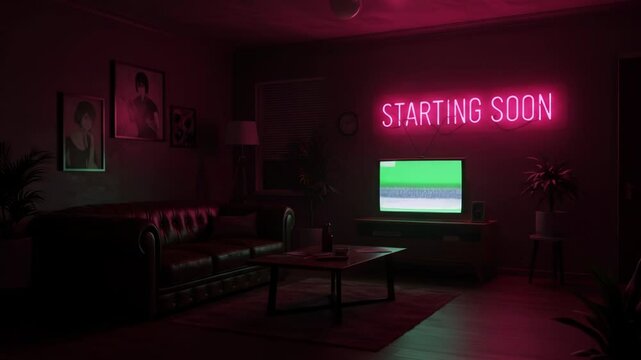 Cozy Stream Setup: "Starting Soon" Neon Glow. stream starting soon screen, overlay loop, animated virtual backgrounds, cozy lo-fi living room at rainstorm, vtuber asset twitch zoom OBS.