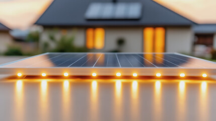 A solar panel with glowing lights in the foreground and a modern house with illuminated windows blurred in the background during sunset.