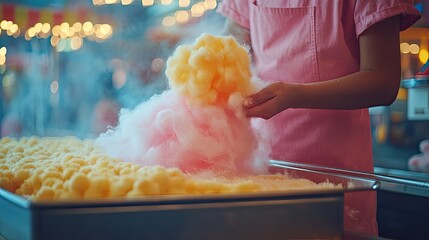Cropped unrecognizable person making large fluffy cotton candy at a funfair, capturing a fun moment 