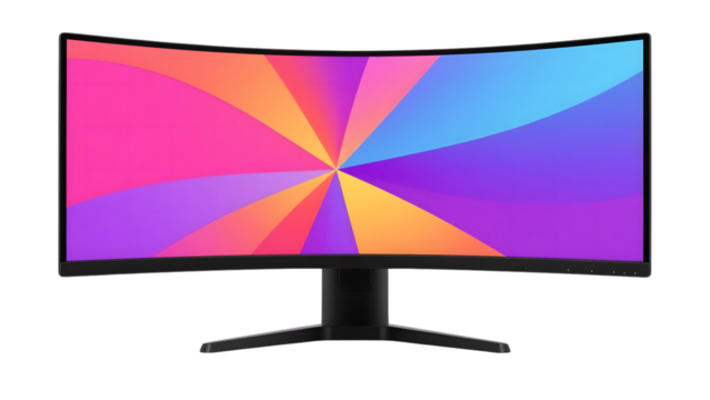 Curved Computer Monitor with Colorful Display on Transparent Background