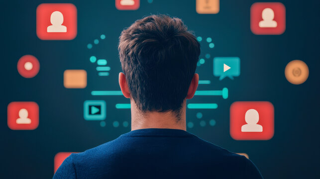 A person faces a digital interface filled with social media and multimedia icons, symbolizing online interaction and connectivity.
