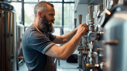 Professional brewer checking beer tanks in modern facility