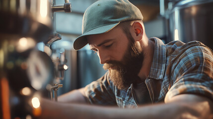 Focused young brewer monitoring equipment in brewery