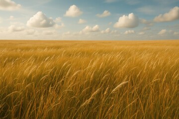 Golden Grass Field Under Blue Sky with Fluffy White Clouds in Nature Landscape During Daytime