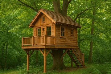 Charming Wooden Tree House Nestled Among Lush Green Foliage in a Serene Forest Environment