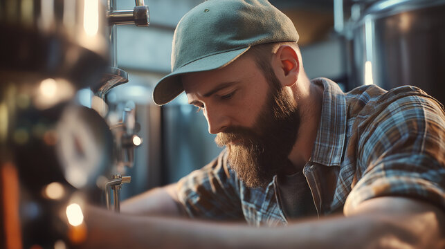 Focused young brewer monitoring equipment in brewery