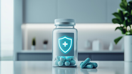 A transparent pill bottle with blue capsules inside features a glowing shield and cross symbol, representing health protection and medicine.