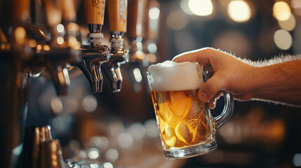 Hand pouring beer from tap into frothy glass mug