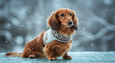 A cute dachshund wearing a sweater in a winter wonderland scenery, falling snow