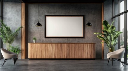 Corporate branding logo presentation with blank frame mockup in modern office reception area. 