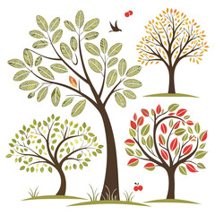 Obraz premium Abstract illustration of a tree with red hearts and floral leaf designs, symbolizing growth and nature's seasonal beauty