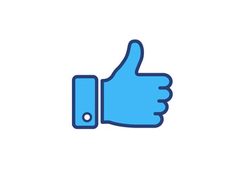 A blue thumbs up with a dark blue outline and a button on the thumb is shown on a white background