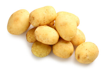 Heap of raw baby potatoes on white background