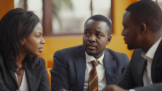 Team of african bussines people debating during a work meeting. Colleagues in serious discussions