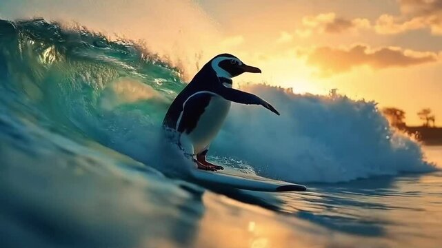 pingouin surf au coucher du soleil | IA / AI 