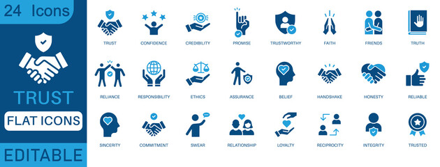 Trust icon set. Containing confidence, credibility, promise, trustworthy, friends, truth, faith, sincerity and honesty. perfect flat icon collection.