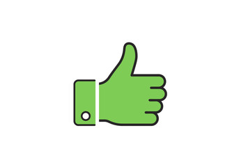 A green hand with a black outline gives a thumbsup on a white background