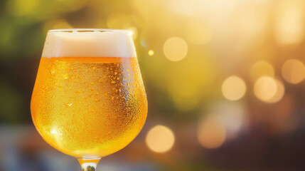 Glass of golden beer with foam in warm glowing sunlight
