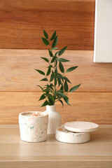 Beautiful branch and candles on table near wooden wall in room