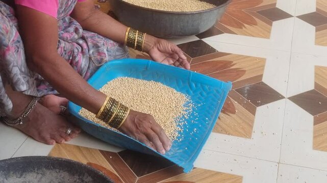 A woman housewife, is winnowing jowar (sorghum) grains outside her rural home. Separating the grains from the chaff using a traditional flat basket, an essential process to clean edible grains.