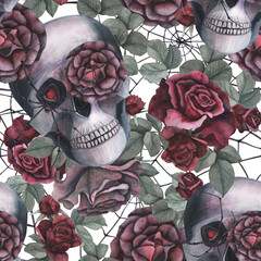 Seamless pattern Scull, dark roses with black spider, cobweb isolated on white background. Watercolor hand drawn illustration. Art design mystical graphics Halloween witch fabric, textile decoration