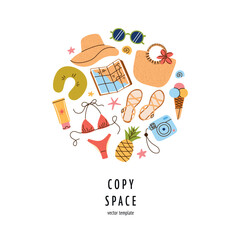 Vector illustration of summer travel and beach vacation card design for women with copy space. Stylish feminine template with flat holiday accessories for posters, planners, social media, invitations