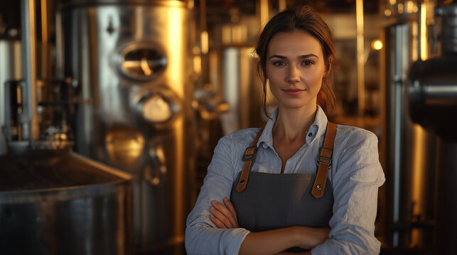 Confident female brewer standing in modern brewery