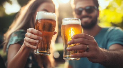 Friends clinking beer glasses in golden sunset light outdoors