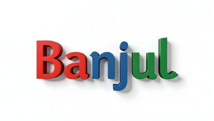 The word "Banjul" in Gambian flag colors with soft 3D effect and a small cultural detail like a baobab tree or island silhouette. Vector style on white background.