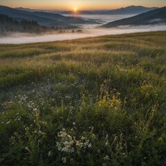 "A wide-angle view of a meadow at sunrise, with morning dew glistening on wildflowers, fog rolling in the background, and mountains barely visible through the mist."