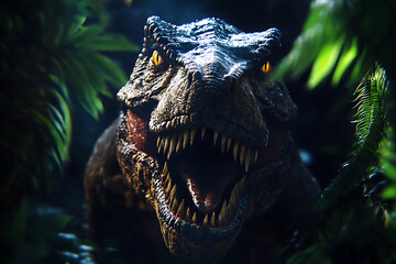 A fierce and realistic tyrannosaurus rex staring at the viewer from lush greenery