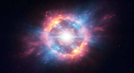 A radiant circular cosmic explosion shines brightly amidst a backdrop of stars