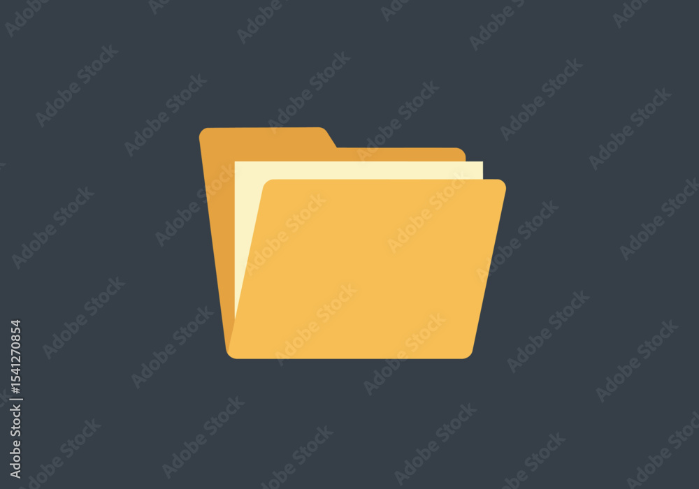 Poster open folder icon yellow with papers inside flat design on a dark gray backdrop