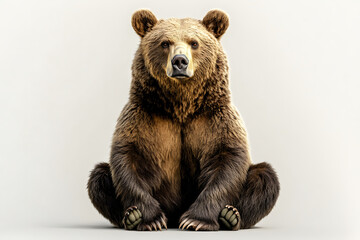 A majestic grizzly bear sits calmly against a soft white background for creative use