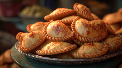 A plateful of delicious golden brown baked empanadas ready to eat