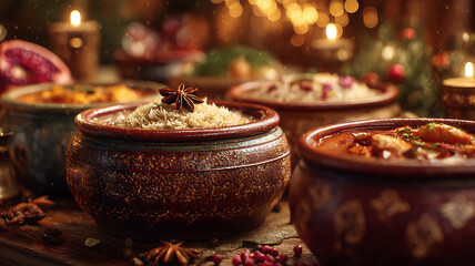 A rustic holiday feast displaying delicious dishes on a wooden table with candlelight