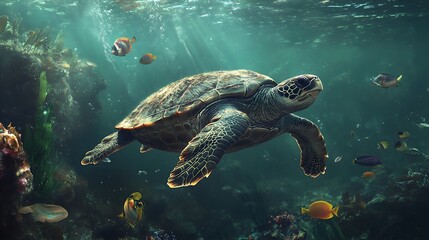 Fototapeta premium Turtles drifting gently past natural coastal rocks high resolution picture