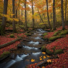 "A northern forest in autumn, filled with red, orange, and yellow leaves, a small creek running through it, and sunbeams piercing the canopy."