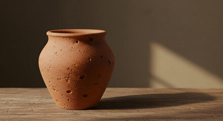 A terracotta pot with a textured surface sits on a wooden table with a soft shadow cast behind it