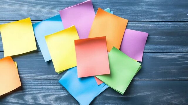 Colorful sticky notes scattered on a wooden surface, creating a vibrant and organized workspace