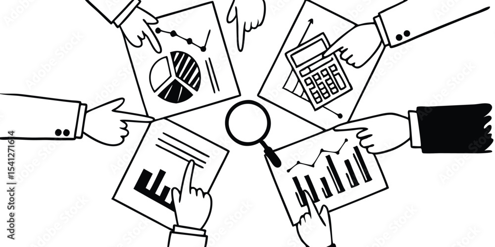 Poster hands pointing at charts and calculator around a magnifying glass in a collaborative analysis scene