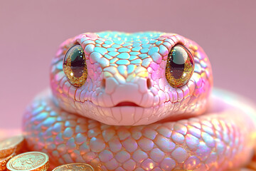 Adorable pastel snake with glittery eyes surrounded by gold coins in soft focus