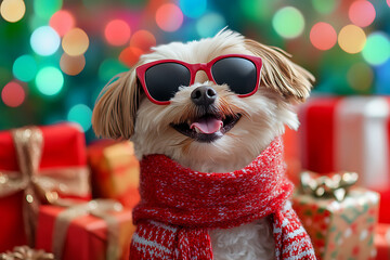 Adorable shih tzu puppy wearing sunglasses and a red scarf amidst christmas gifts and bokeh lights