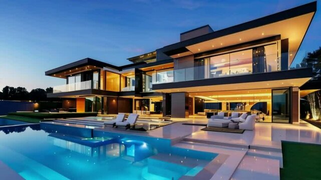 Modern mansion with swimming pool at twilight featuring lounge chairs and outdoor seating area view