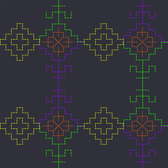 Seamless pattern geometric fractal designs yellow,purple,orange,green on dark background. pixel art or digital embroidery,engaging and repetitive tile.Abstract and modern endless backgrounds,textiles.