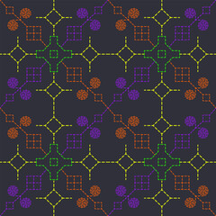 Seamless pattern geometric fractal designs yellow,purple,orange,green on dark background. pixel art or digital embroidery,engaging and repetitive tile.Abstract and modern endless backgrounds,textiles.