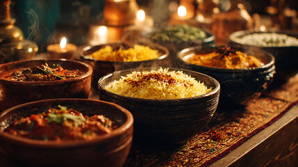 Aromatic indian dishes with steaming rice and curries on a festive wooden table