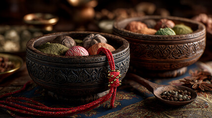 Artistic still life of spices and herbs in intricately carved wooden bowls with selective focus